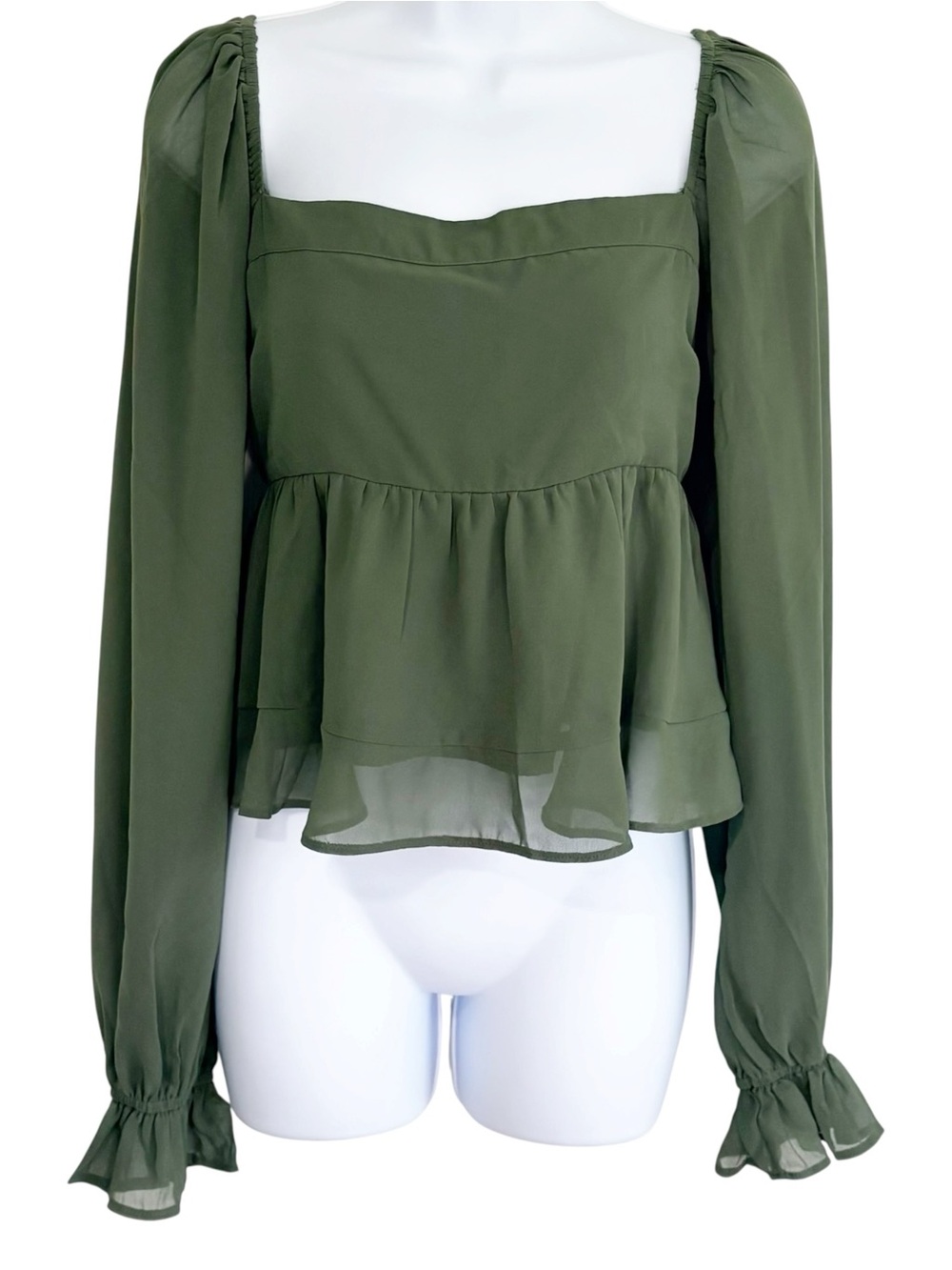 ABERCROMBIE & FITCH Olive Green Smocked Babydoll Blouse Large Square Neck Top - Picture 1 of 8